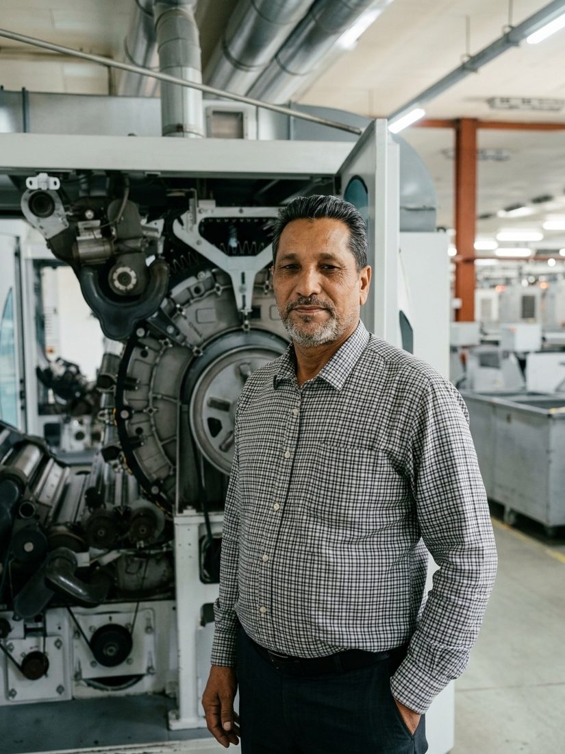 Abdul Rasheed Gill beside an opened carding machine